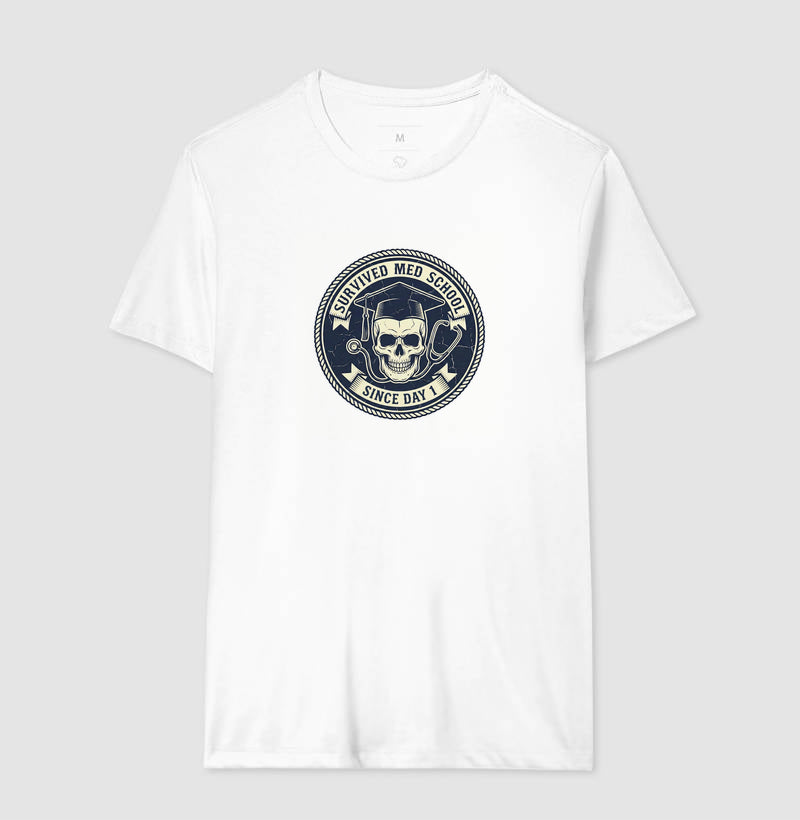 Camiseta Medicina "Survived Med School" – Edição Vintage Skull