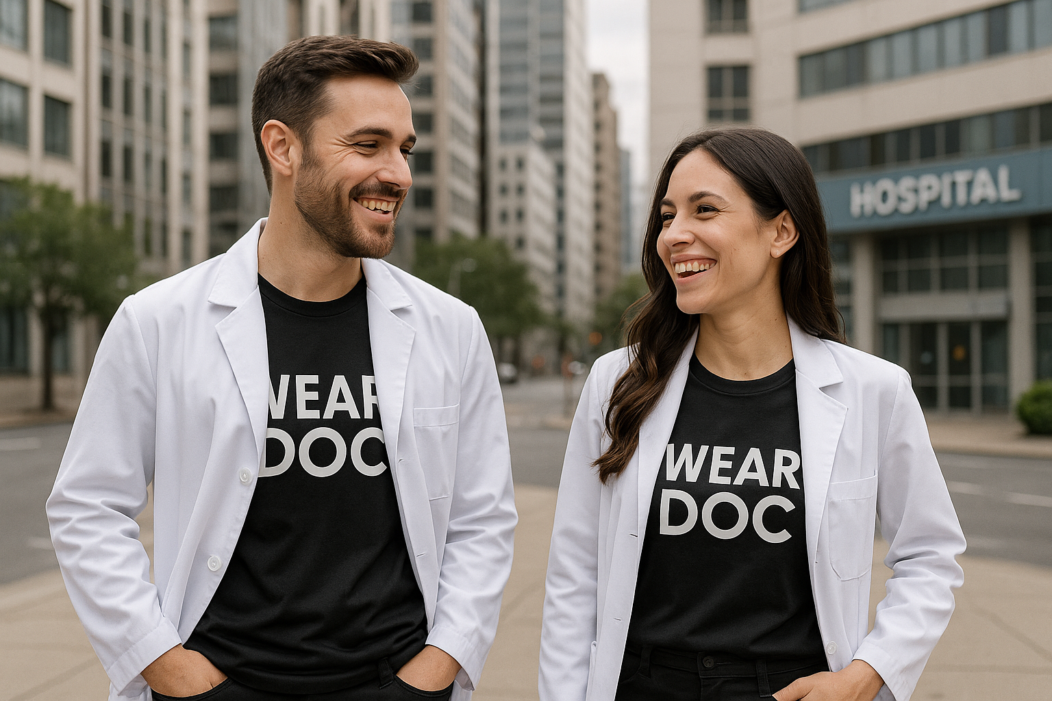 Urban city background with a modern hospital or dental clinic subtly visible in the distance. In the foreground, two healthcare professionals (one male, one female) are standing together, smiling and talking naturally. They wear white open lab coats, clearly revealing stylish black T-shirts with the brand “Wear Doc” design visible. Professional, modern, and inspirational atmosphere. Clean lighting, sharp details, high-quality photography style